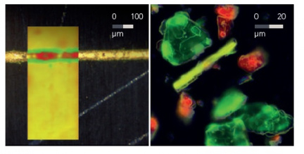  2D Ramanovy mapy silikonového solárního článku (vlevo) a a směs krystalů aminokyselin (vpravo)