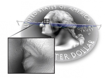 Ukázka měření 3D topografie čtvrtdolarové mince na profiloměru Zygo
